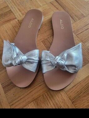 ALDO Metallic Silver Knot Bow Slide Sandals